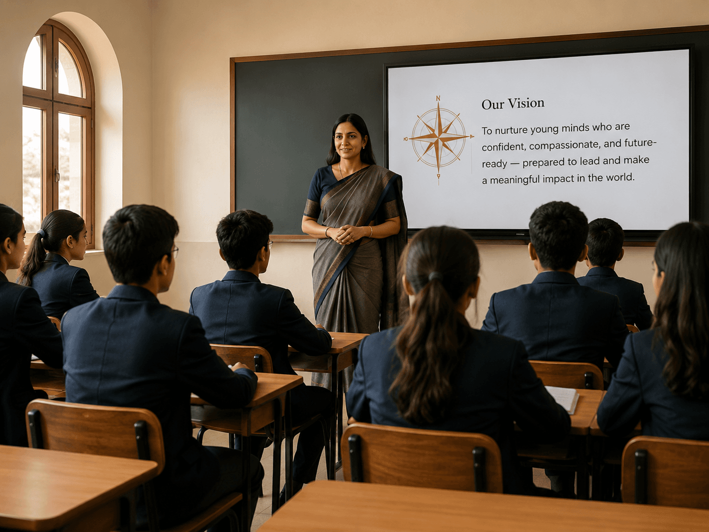 Teacher guiding students in a premium classroom